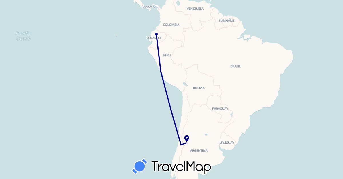TravelMap itinerary: driving in Argentina, Chile, Ecuador, Peru (South America)